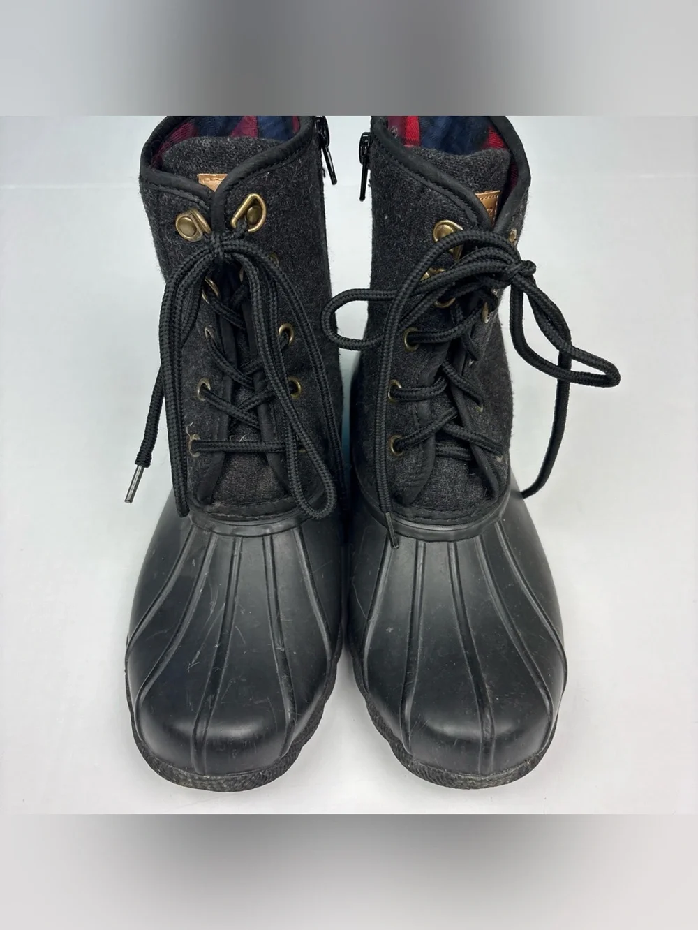 Tommy Hilfiger Women Size 5 Duck Boots Gray Tweed Black Rubber Lace Up Rain